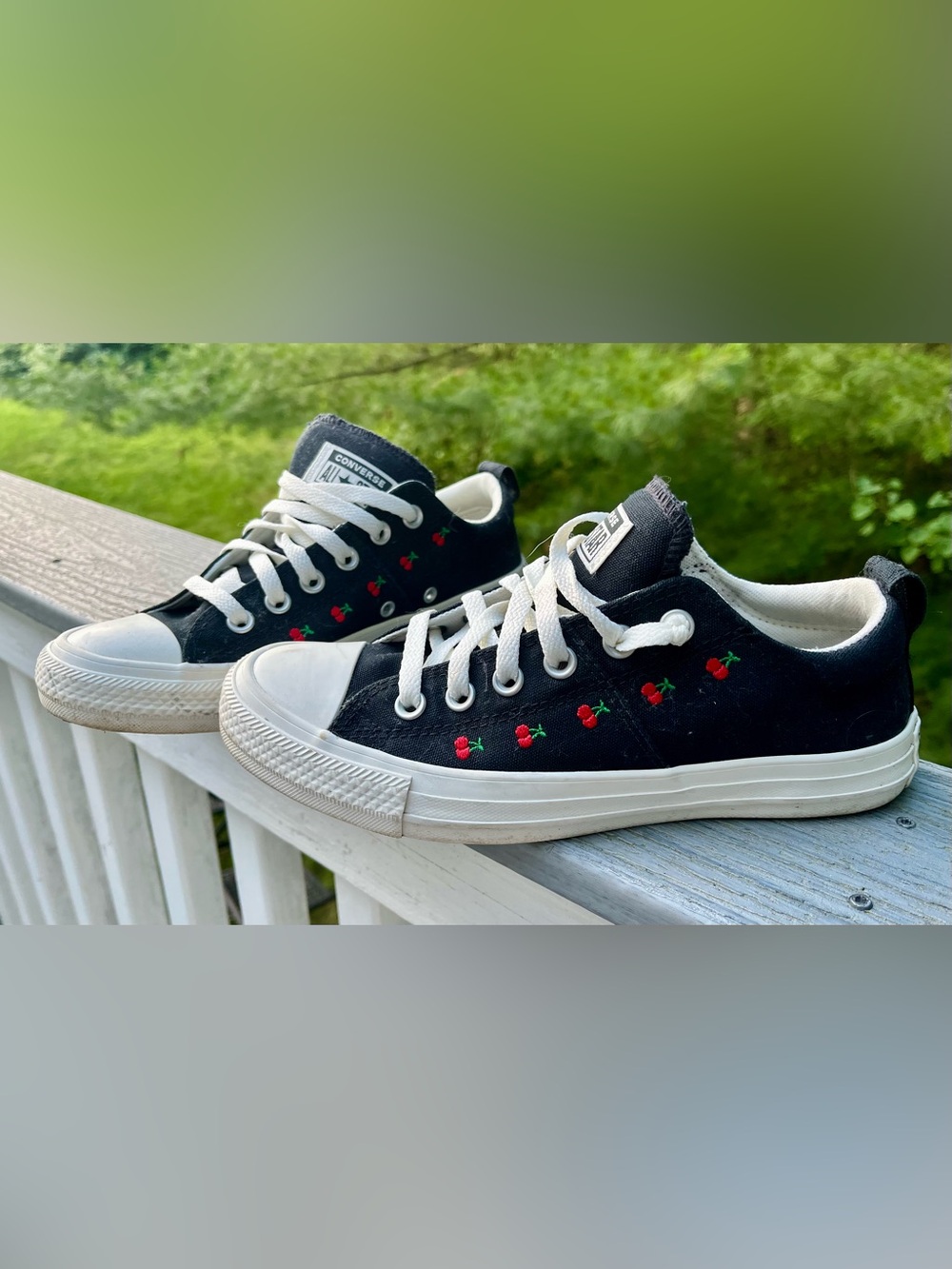 Converse All Star Madison Sneakers Size 7.5 Black with Cherry Embroidery EUC
